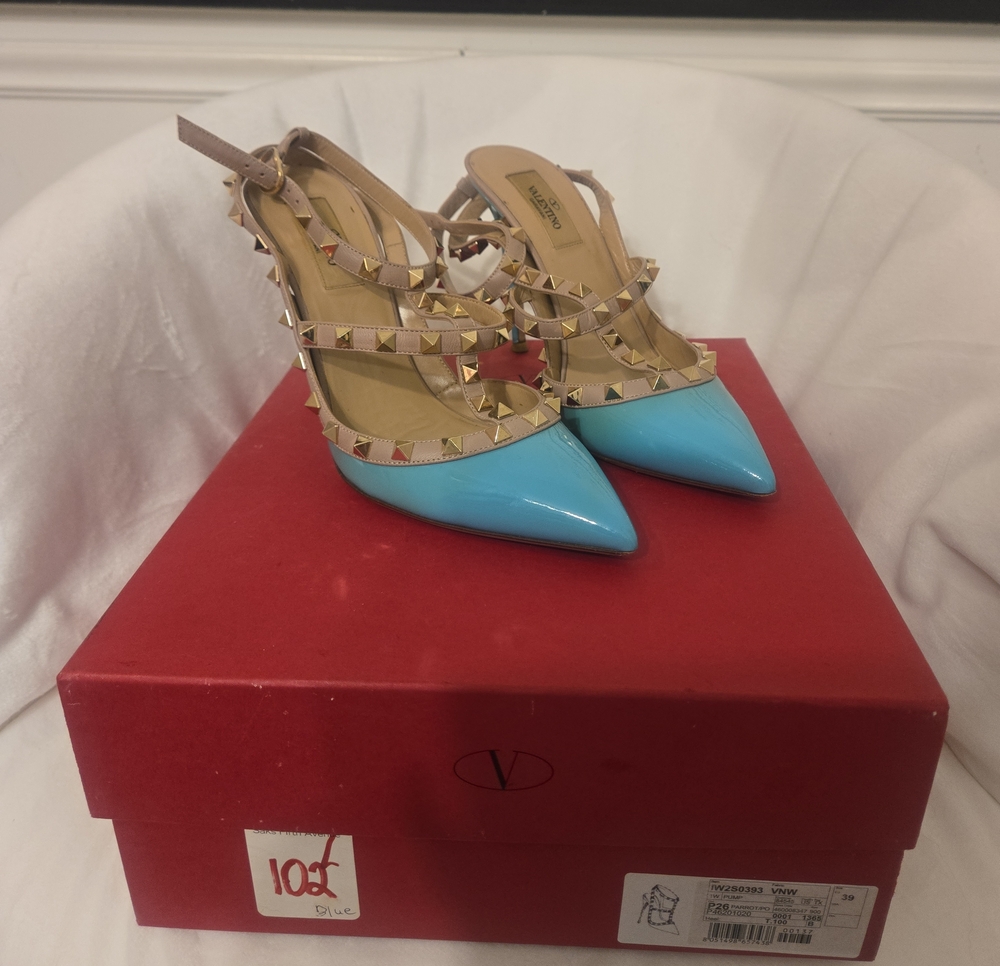 Valentino Blue Patent Pointed-Toe Rockstud Slingback Heels